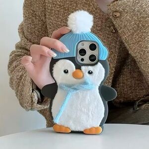 iPhone 16 Pro Max Case – 3D Penguin Winter Style with Fuzzy Texture & Beanie Hat